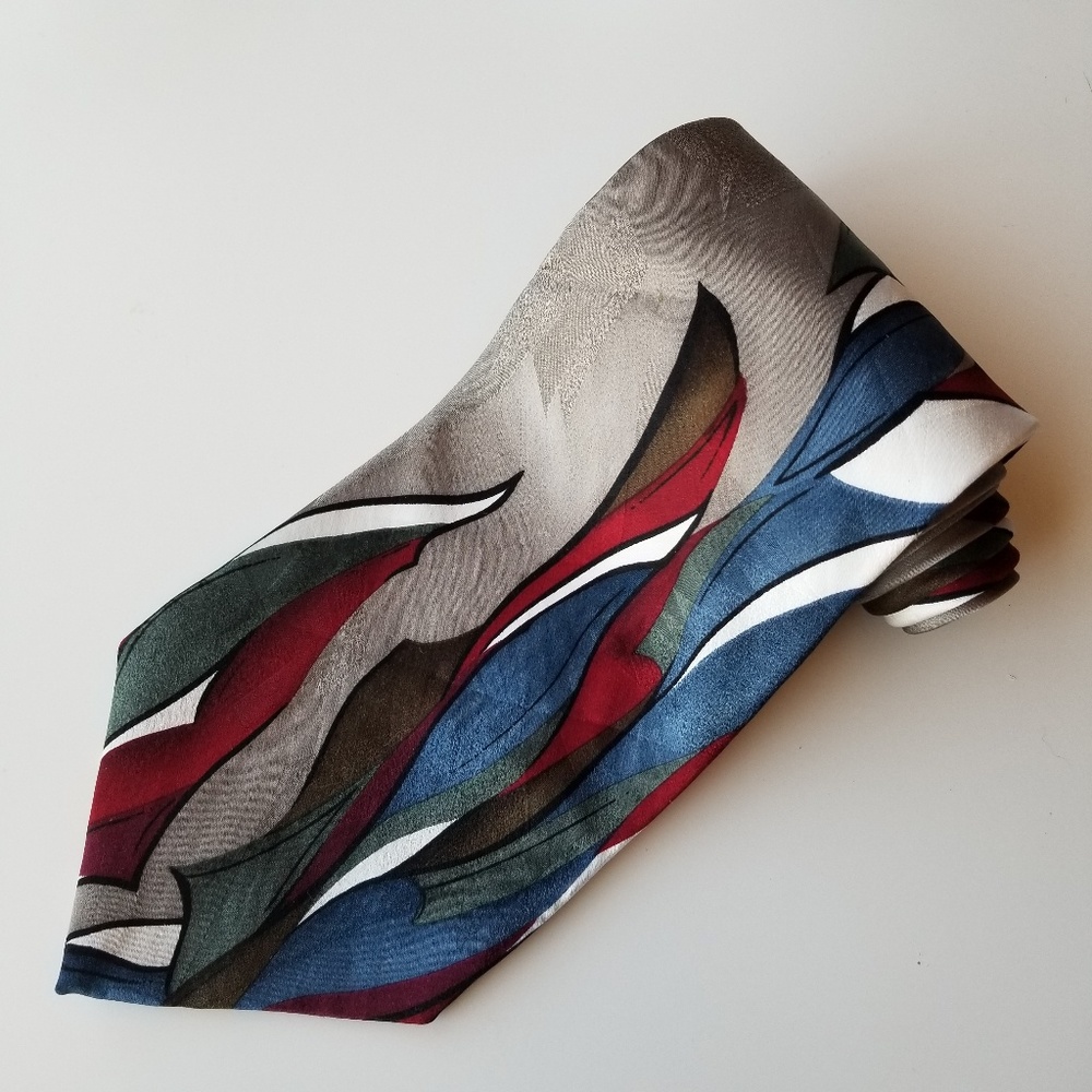 Abstract Wave Pattern Silk Tie in Red, Blue and Green Paul Rodon EUC